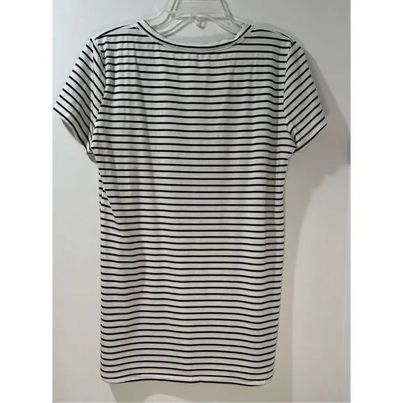 POL women’s black white stripe short sleeve v-neck tunic top size Large #35-0886 - Picture 2 of 5
